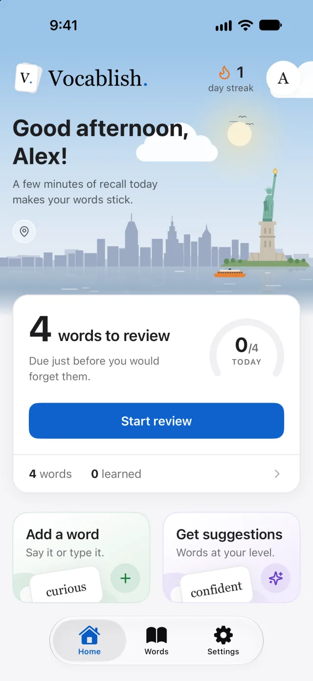 The Vocablish home screen: New York by day above a card with four words to review and a Start review button, and doors to add a word or get suggestions.