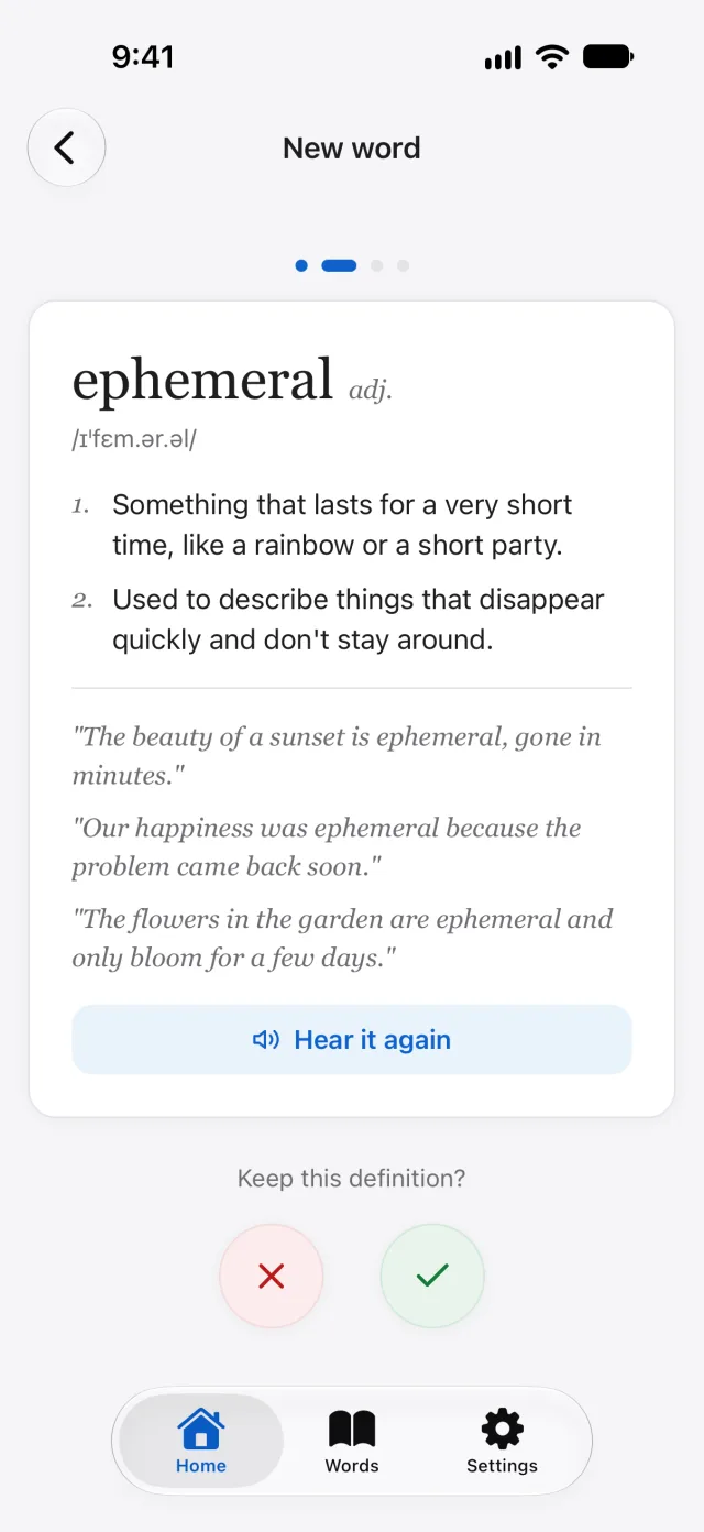 A dictionary card for the word ephemeral, with its pronunciation, two plain English senses and three example sentences.