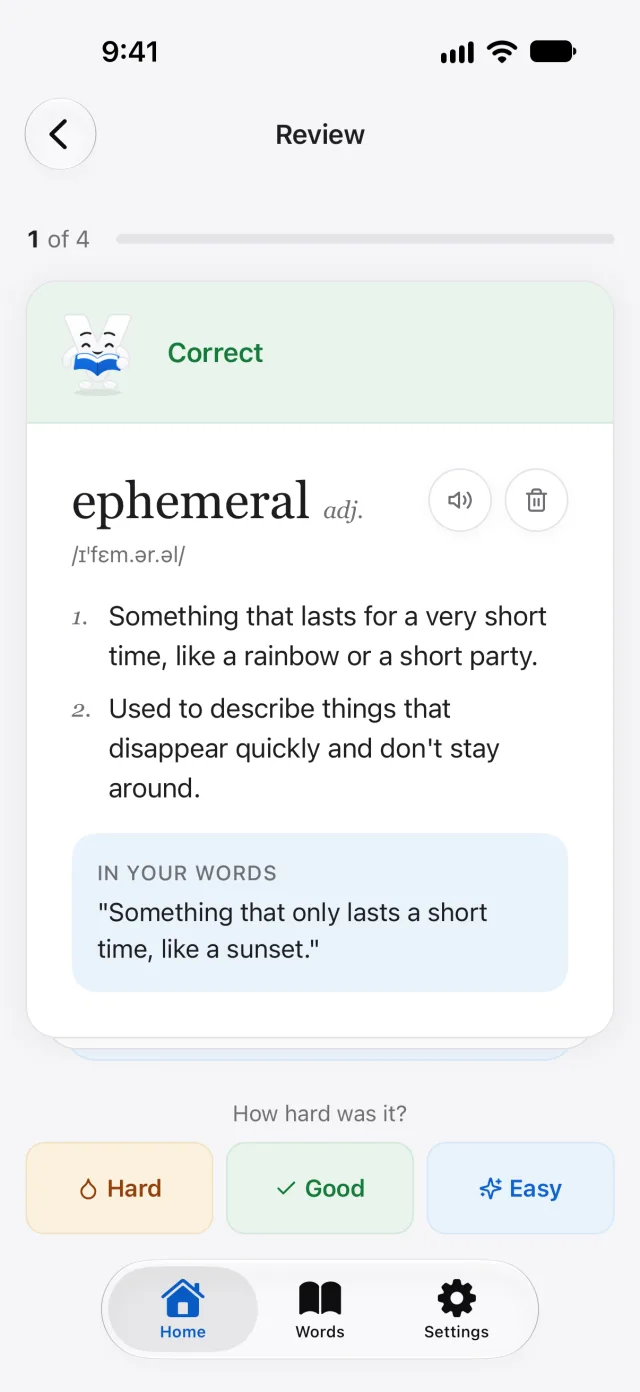 A review card turned to its answer side after a correct answer: the word ephemeral, its definition and your own words, with Hard, Good and Easy buttons.