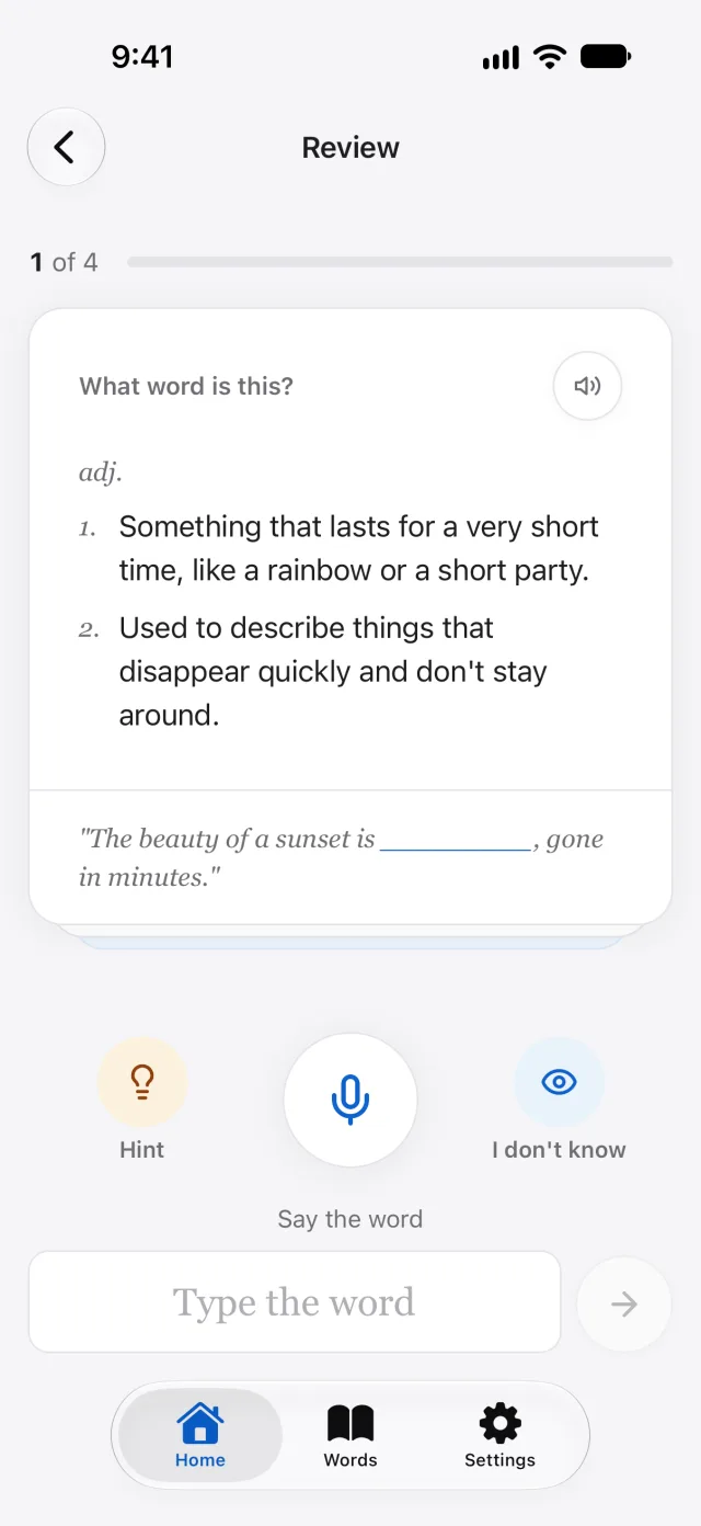 A review card asking What word is this?, showing the definition and an example sentence with the word blanked out, above a microphone, a hint button and a field to type the answer.