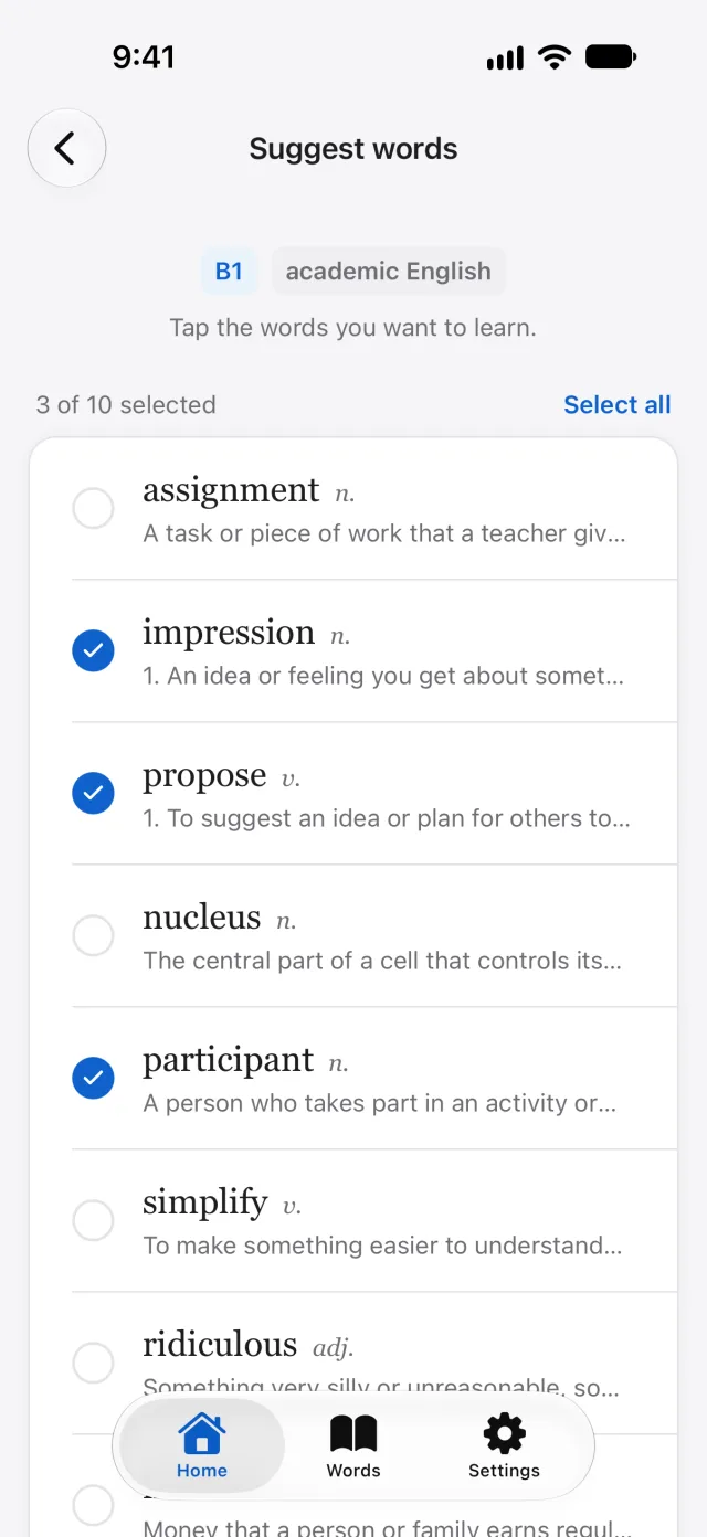 Suggested words for IELTS at level B1: assignment, impression, propose, nucleus, participant, simplify, each with a short definition and a check box.